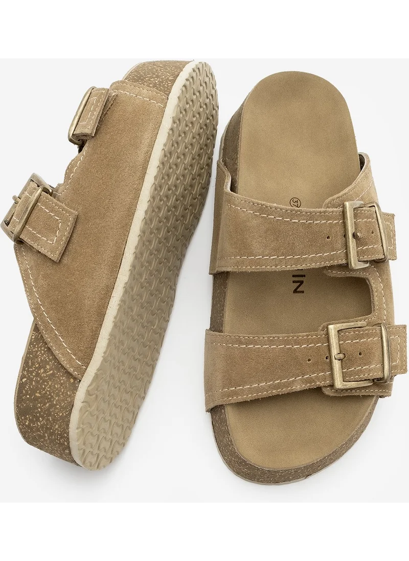 MARJIN Women's Leather Double-Strap Cork Sole Olive Suede Casual Slippers Roneta