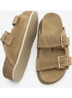 MARJIN Women's Leather Double-Strap Cork Sole Olive Suede Casual Slippers Roneta  - Image 5