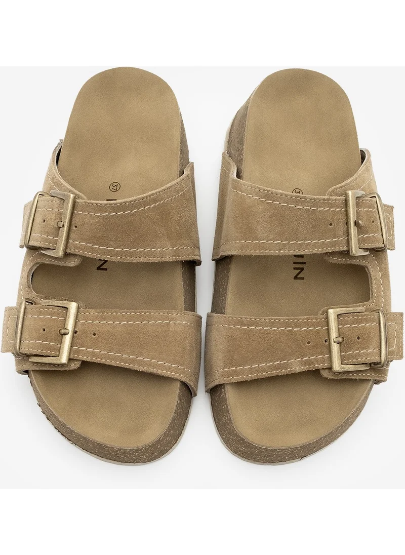 MARJIN Women's Leather Double-Strap Cork Sole Olive Suede Casual Slippers Roneta