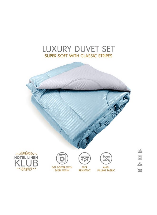 Hotel Linen Klub  Reversible Down Alternative Comforter  Set -Ultra Soft Brushed Stripe Microfiber Fabric, 200GSM Soft Fibersheet Filling, Size : Double  220 x 240cm , Color: Aqua & Light Grey