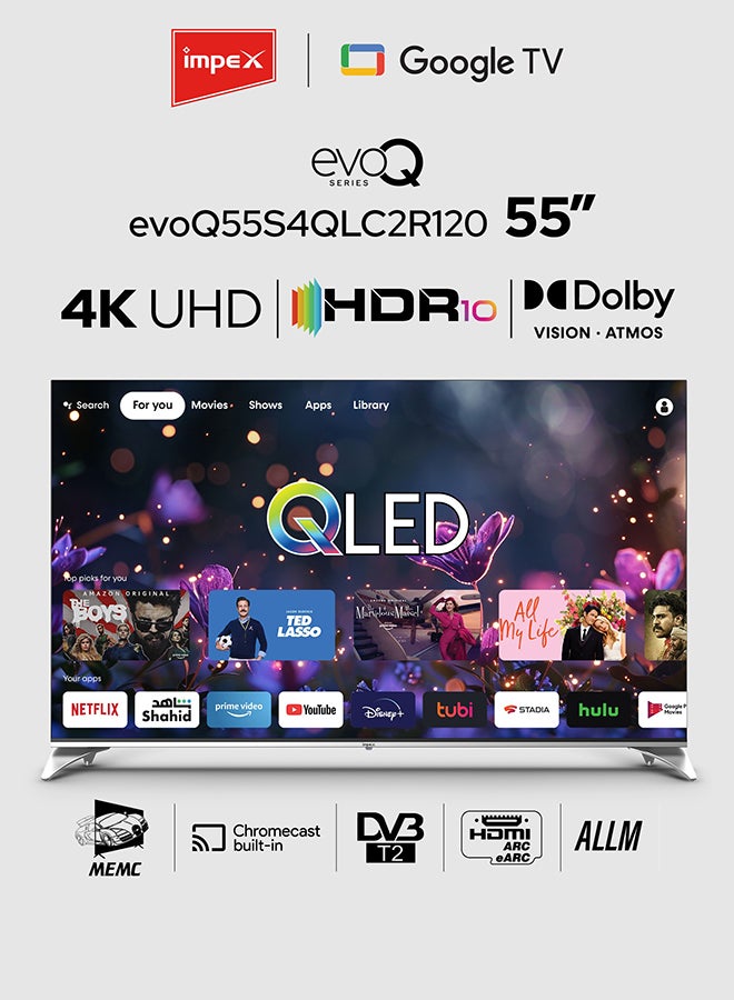 Impex 55 Inch QLED Google TV, 4K Ultra HD Smart TV, 120Hz DLG, Dolby Vision & Atmos, HDMI eARC, ALLM Gaming TV, Voice Remote, WiFi Bluetooth, DVB-T2, Wall Mount, 2 Year Warranty - evoQ 55S4QLC2R120 Evoq55QLC Black - Image 1