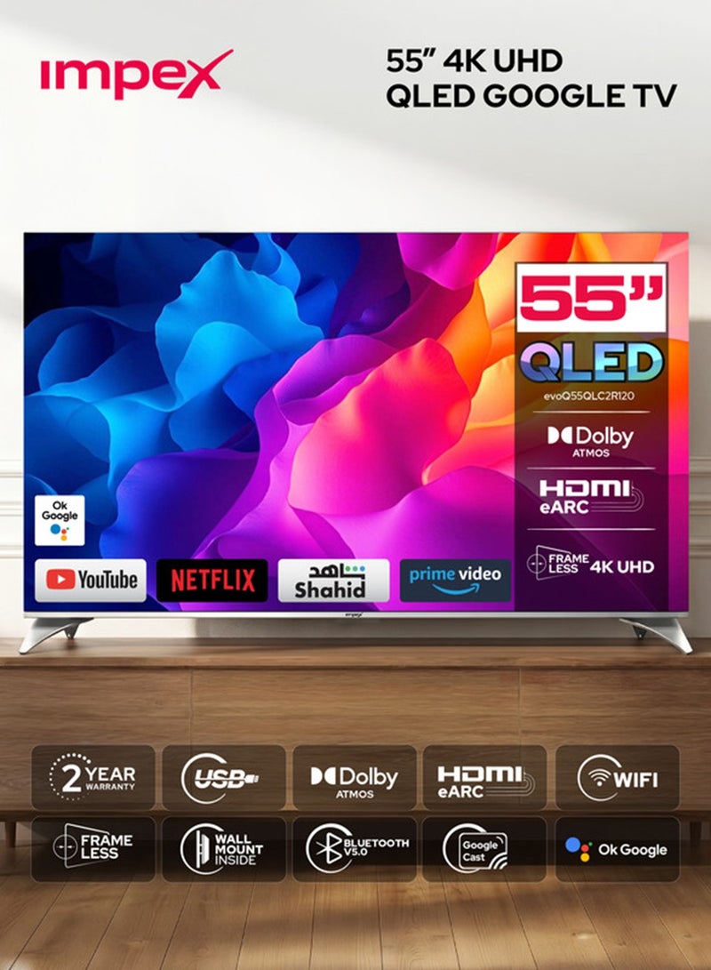 Impex 55 Inch QLED Google TV, 4K Ultra HD Smart TV, 120Hz DLG, Dolby Vision & Atmos, HDMI eARC, ALLM Gaming TV, Voice Remote, WiFi Bluetooth, DVB-T2, Wall Mount, 2 Year Warranty - evoQ 55S4QLC2R120 Evoq55QLC Black - Image 1