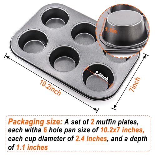 DRAONGYE 2 Packs Round Muffin Baking Pan, Premium Steel Muffin Pan for Baking, Cupcake Tin Cheesecake Pans, Bakeware Muffin Top Pan (6 Cups,Black) - Image 2