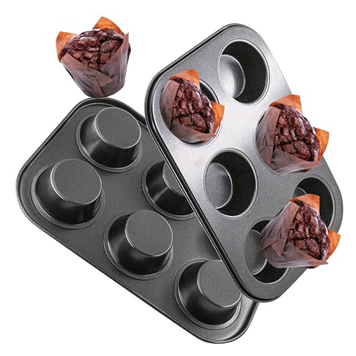 DRAONGYE 2 Packs Round Muffin Baking Pan, Premium Steel Muffin Pan for Baking, Cupcake Tin Cheesecake Pans, Bakeware Muffin Top Pan (6 Cups,Black) - Image 1