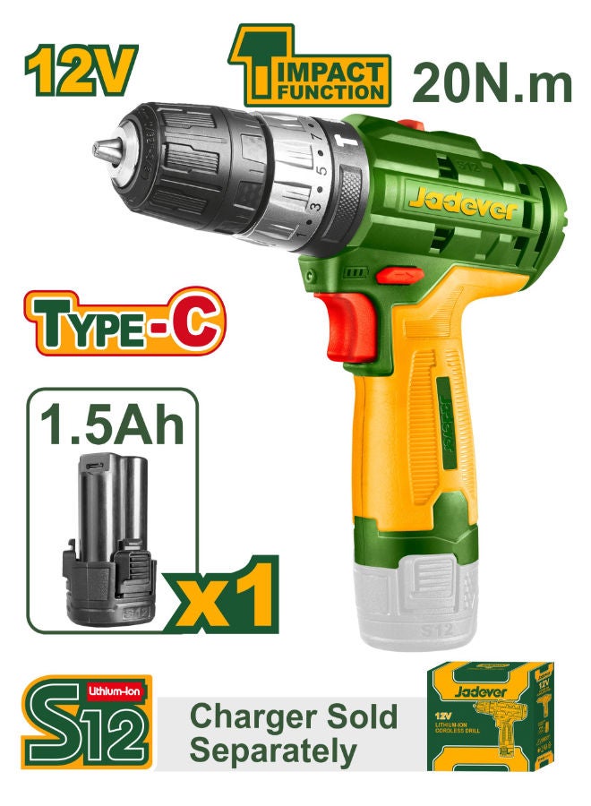 Jadever Drill 12 Volt 1 Battery Impact Without Charger Type C Jdcds540