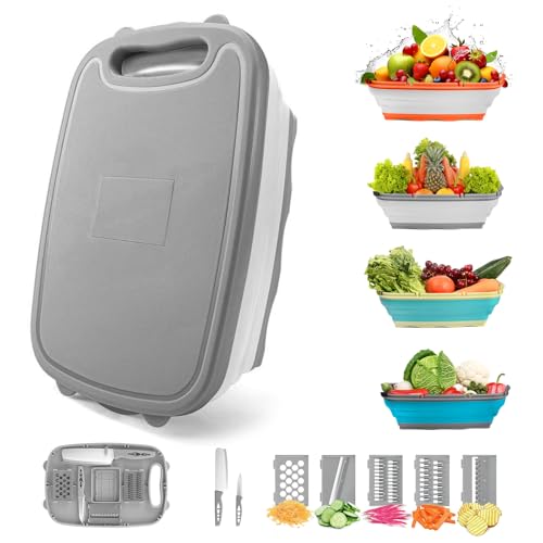 Gintan Camping Cutting Board, 9-in-1 Collapsible Chopping Board with Colander, Kitchen Vegetable Washing Basket for Camping, Camping Gifts Camping Accessories for RV Campers (Gray) - Image 1