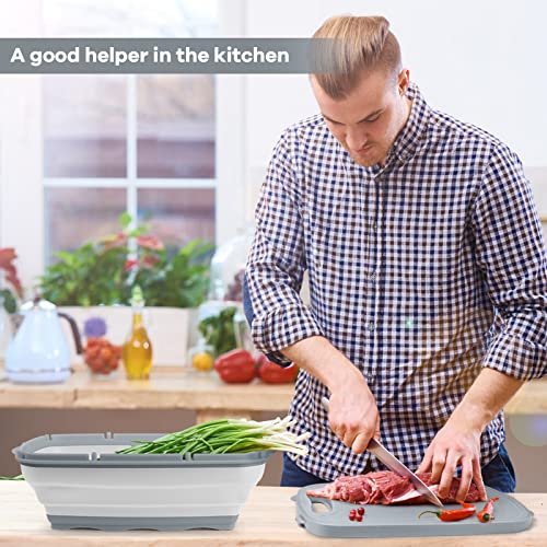 Gintan Camping Cutting Board, 9-in-1 Collapsible Chopping Board with Colander, Kitchen Vegetable Washing Basket for Camping, Camping Gifts Camping Accessories for RV Campers (Gray) - Image 2
