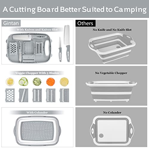 Gintan Camping Cutting Board, 9-in-1 Collapsible Chopping Board with Colander, Kitchen Vegetable Washing Basket for Camping, Camping Gifts Camping Accessories for RV Campers (Gray) - Image 4