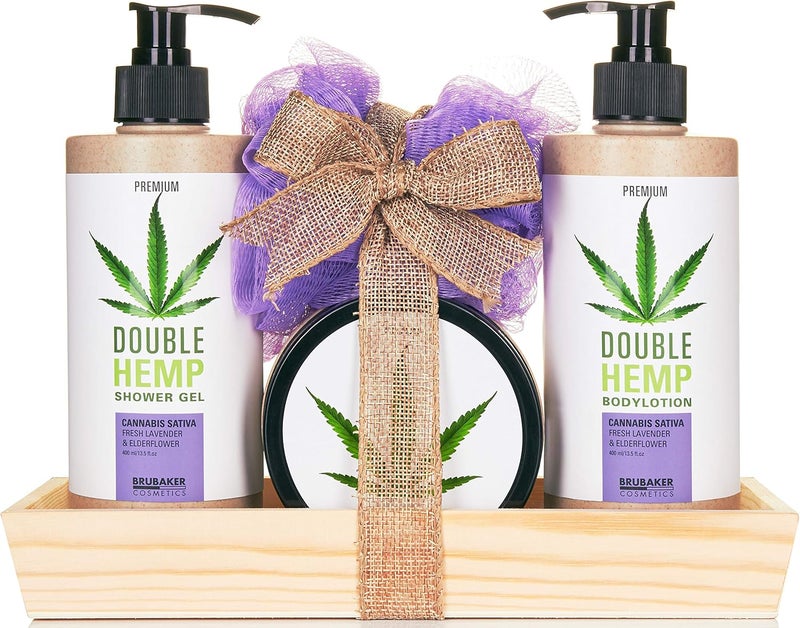 BRUBAKER Cosmetics Hemp Oil Body Care and Shower Set Fresh Lavender Elderflowers with Wooden Tray 5 Pieces