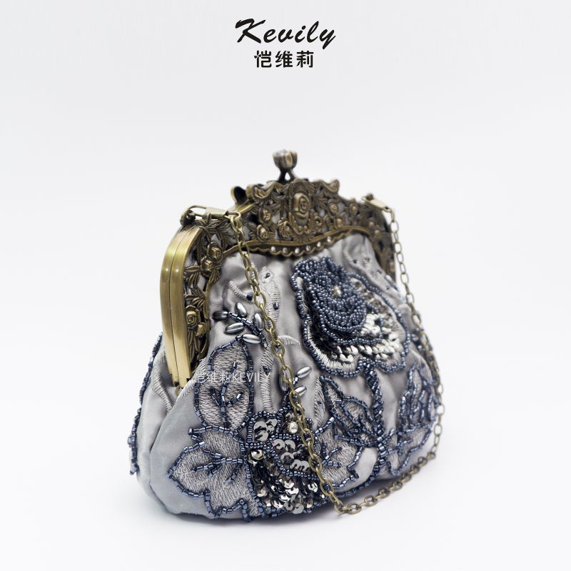 Now "Kai Weili Rose Embroidered Sequins Embroidered Beads Evening Bag Retro Dress Party Cheongsam Handbag - Image 5