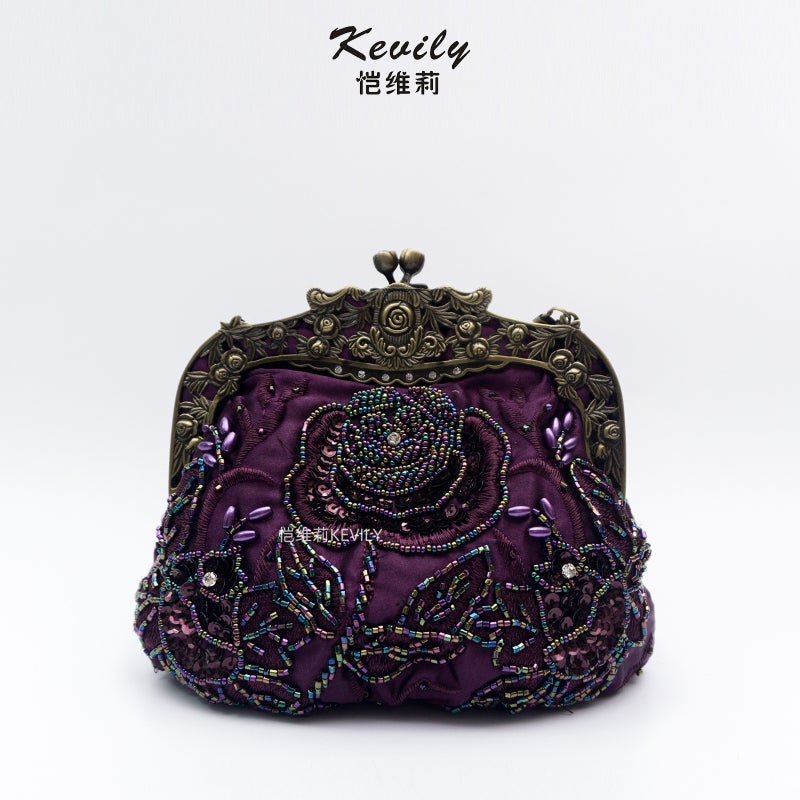 Now "Kai Weili Rose Embroidered Sequins Embroidered Beads Evening Bag Retro Dress Party Cheongsam Handbag - Image 4