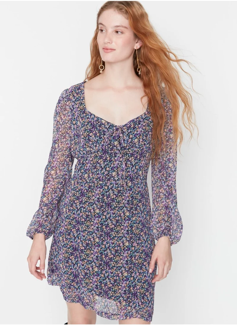 trendyol Floral Print Tie Detail Overlay Dress