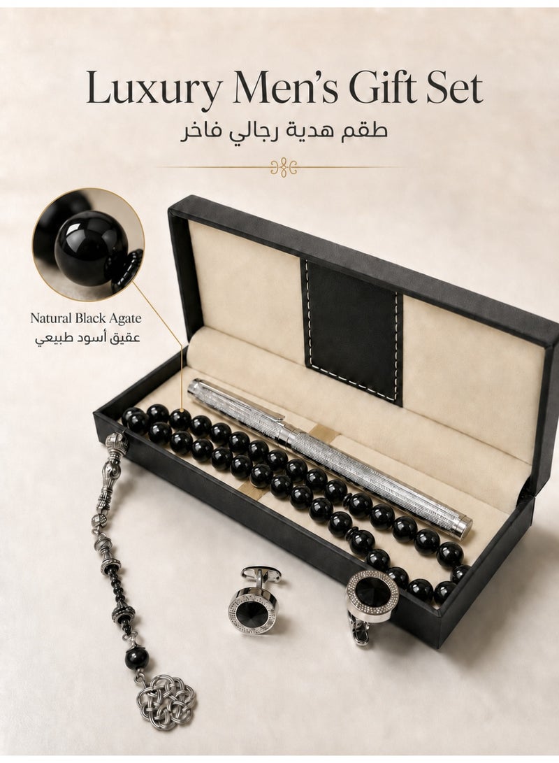فوريكاسا طقم هدايا تنفيذي بلون أسود وفضي - مسبحة عقيق طبيعي وقلم وأزرار أكمام - ٣٣ خرزة ١٠ ملم - Image 1