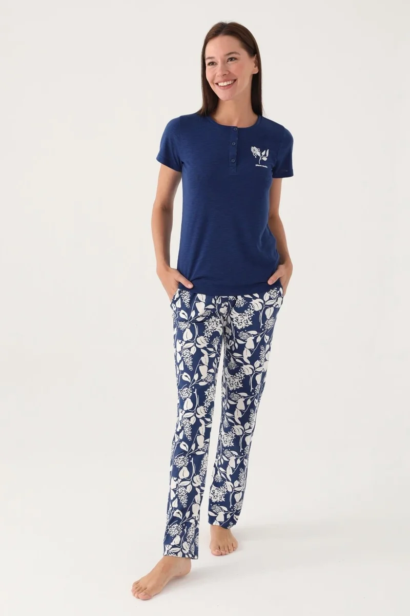 بيير كاردان Women's Navy Blue Pocket Pajama Set, 100% Cotton, Plus Size Women's Pajama Set