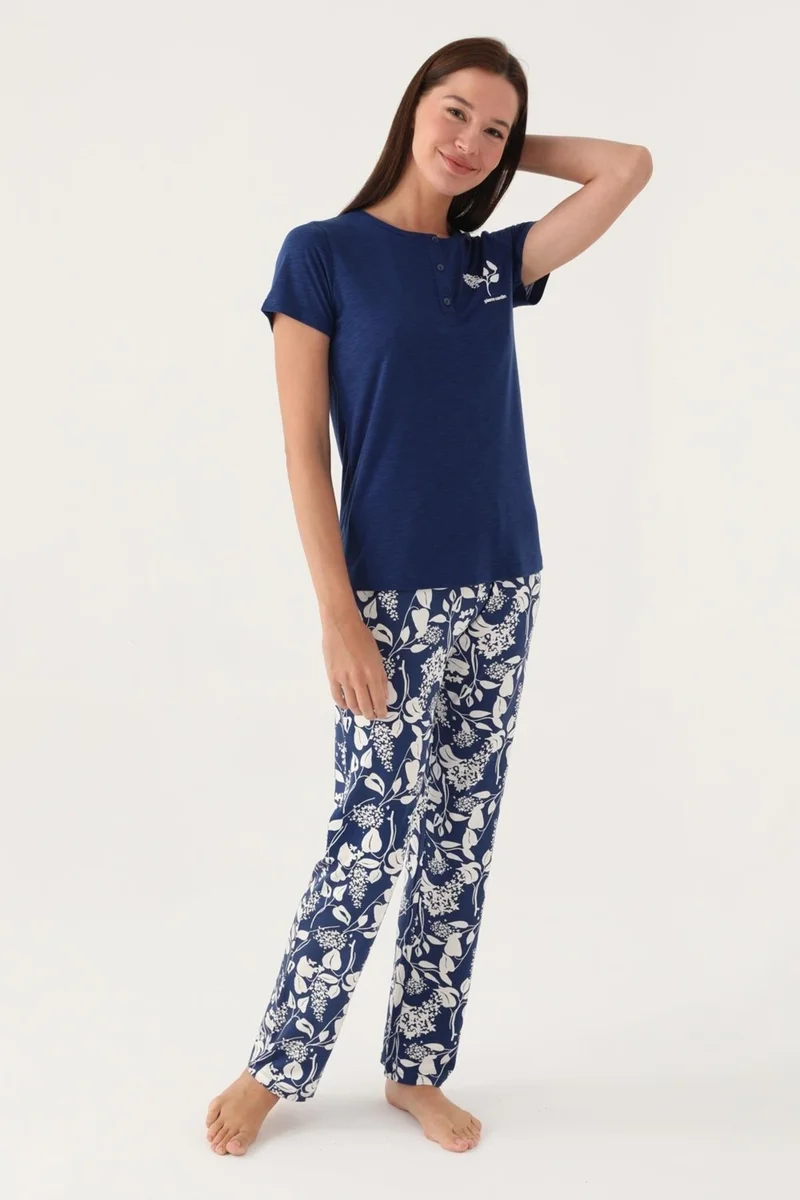 بيير كاردان Women's Navy Blue Pocket Pajama Set, 100% Cotton, Plus Size Women's Pajama Set