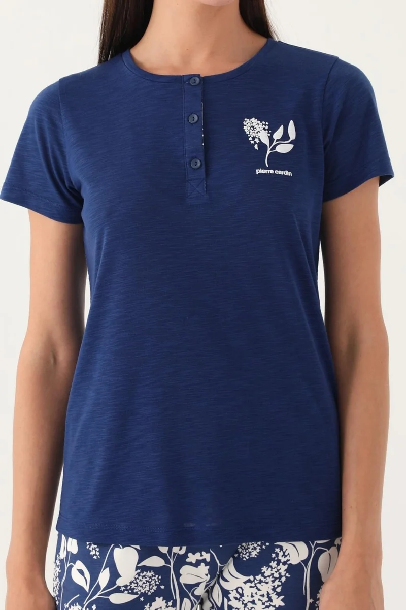 بيير كاردان Women's Navy Blue Pocket Pajama Set, 100% Cotton, Plus Size Women's Pajama Set