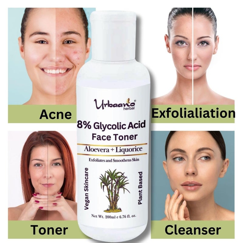 Urbaano herbal Urbaano Herbal 8 Glycolic Acid Toner For Glowing Skin  Multifunctional Exfoliating Toner With Licorice  Aloe vera for Body Face Underarms  Scalp  For Women  Men  200ml - Image 2