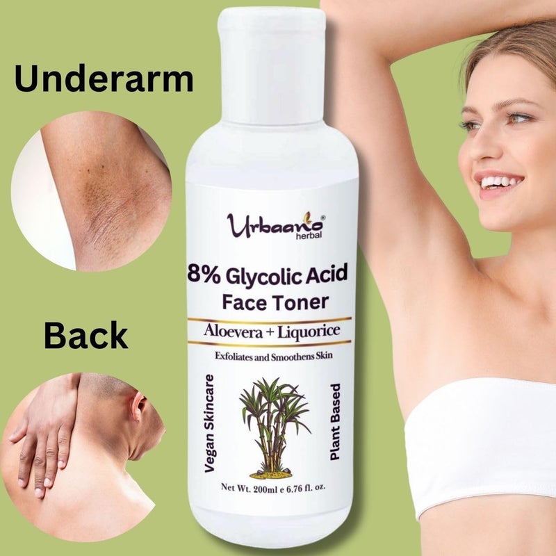 Urbaano herbal Urbaano Herbal 8 Glycolic Acid Toner For Glowing Skin  Multifunctional Exfoliating Toner With Licorice  Aloe vera for Body Face Underarms  Scalp  For Women  Men  200ml - Image 4