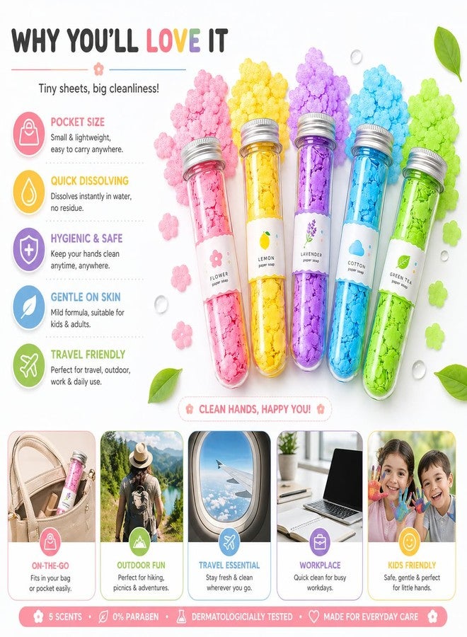 Minimoo Paper Soap Sheets (Pack of 5 Tubes) | Disposable Hand Wash Sheets | Portable Travel Soap, Flower Design, Quick Dissolving, Gentle & Hygienic for Kids & Adults - Image 3