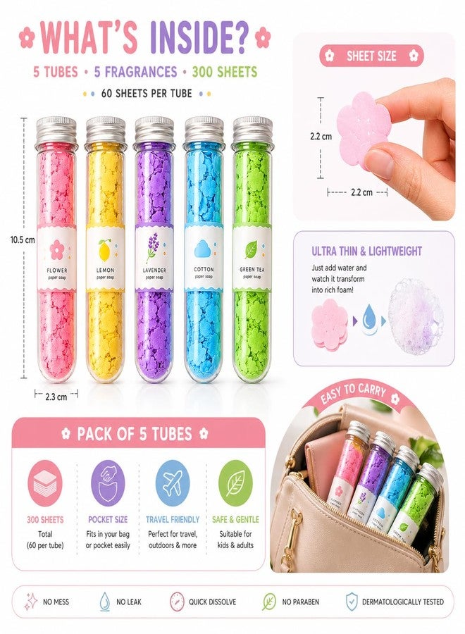 Minimoo Paper Soap Sheets (Pack of 5 Tubes) | Disposable Hand Wash Sheets | Portable Travel Soap, Flower Design, Quick Dissolving, Gentle & Hygienic for Kids & Adults - Image 5