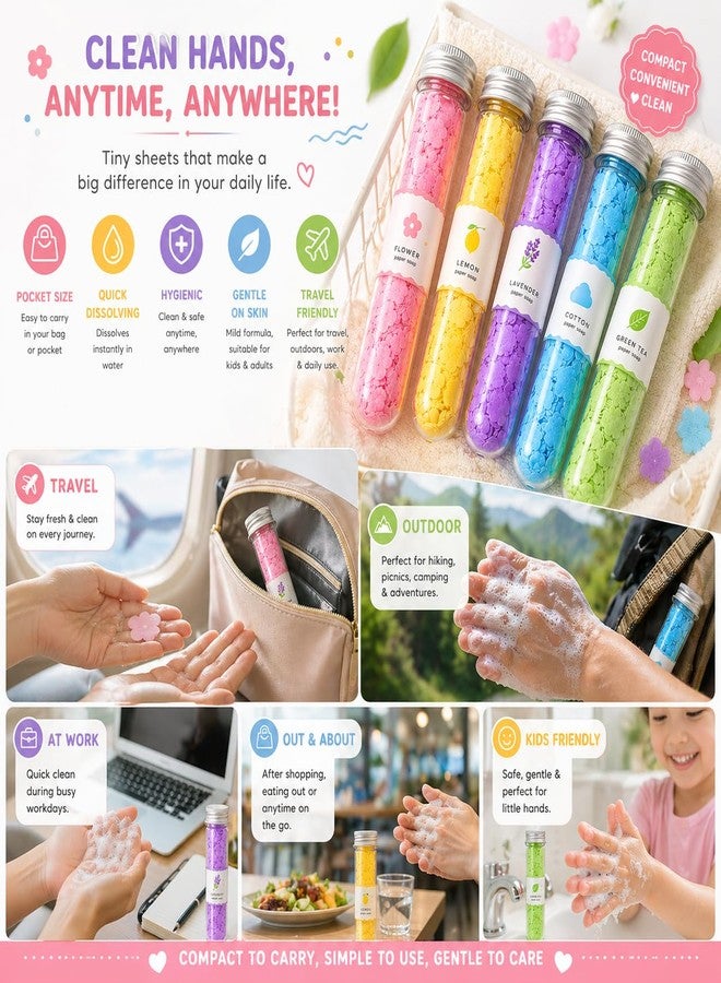 Minimoo Paper Soap Sheets (Pack of 5 Tubes) | Disposable Hand Wash Sheets | Portable Travel Soap, Flower Design, Quick Dissolving, Gentle & Hygienic for Kids & Adults - Image 4