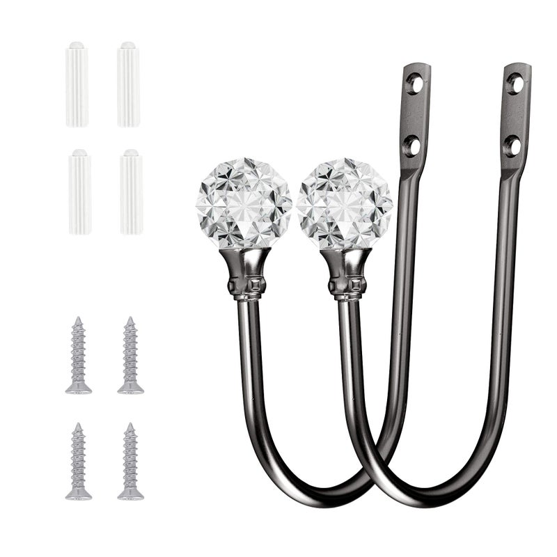 HEMOUR Curtain Holdback 4Pcs Wall Mounted Drapery Tiebacks With Clear Crystal Ball Heavy Duty Metal Decorative Window Drapery Curtain Holder Curtain Hooks With Screws Matt Black - Image 2