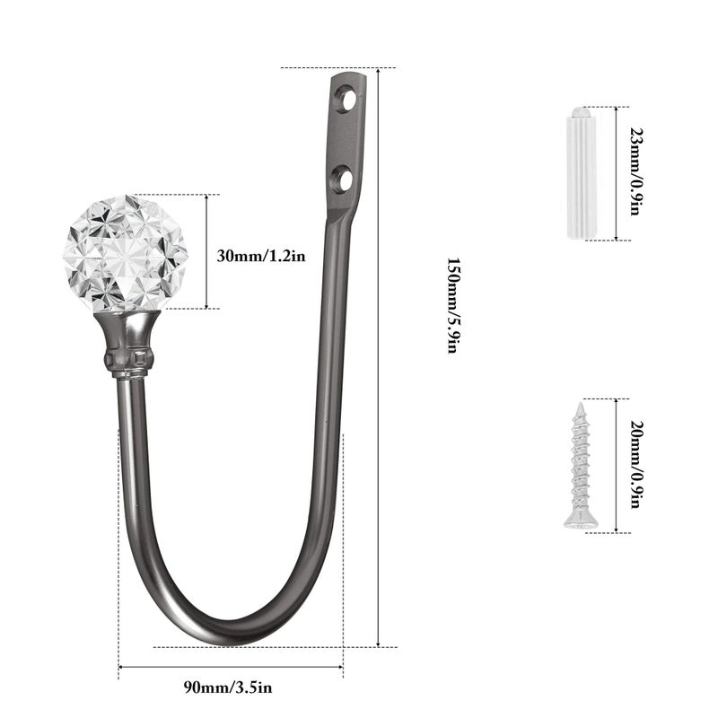 HEMOUR Curtain Holdback 4Pcs Wall Mounted Drapery Tiebacks With Clear Crystal Ball Heavy Duty Metal Decorative Window Drapery Curtain Holder Curtain Hooks With Screws Matt Black - Image 3