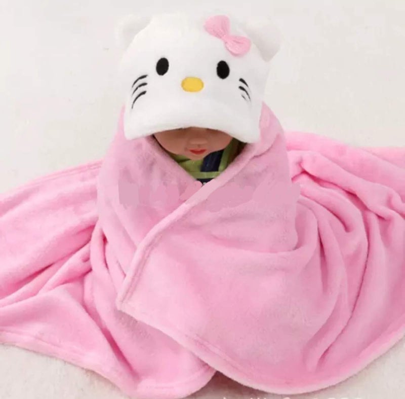 BRANDONN Fleece New Born Baby Blanket Combo Pack Of Hooded Funny Cap Baby Wrapper Cum Baby Bath Towel Cum Baby Blankets (Pink Kitty, Yellow Sweet Tiger) Pack Of 2 - Image 3