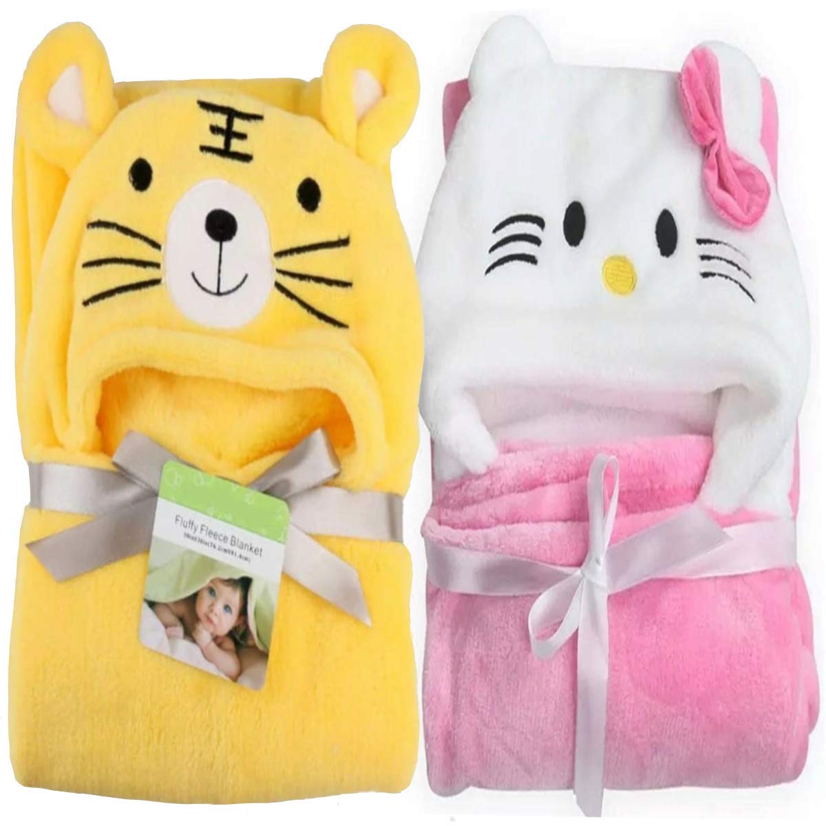 BRANDONN Fleece New Born Baby Blanket Combo Pack Of Hooded Funny Cap Baby Wrapper Cum Baby Bath Towel Cum Baby Blankets (Pink Kitty, Yellow Sweet Tiger) Pack Of 2