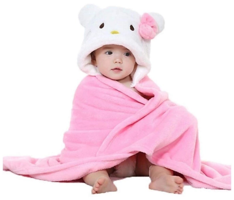 BRANDONN Fleece New Born Baby Blanket Combo Pack Of Hooded Funny Cap Baby Wrapper Cum Baby Bath Towel Cum Baby Blankets (Pink Kitty, Yellow Sweet Tiger) Pack Of 2 - Image 2