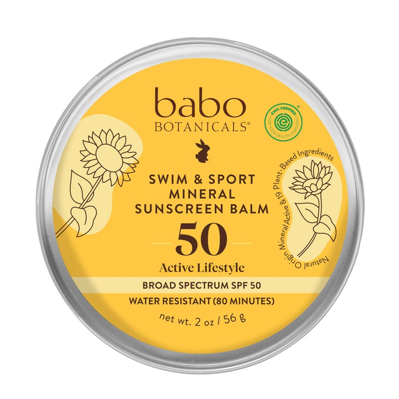 بلسم واقي شمس معدني من بابل بوتانيكالز للسباحة والرياضة SPF50 - أكسيد الزنك الطبيعي - للوجه والجسم - لجميع الأعمار - مختبر من قبل أطباء الجلد - خالي من القسوة - خالي من العطور - معتمد من EWG - مقاوم للماء