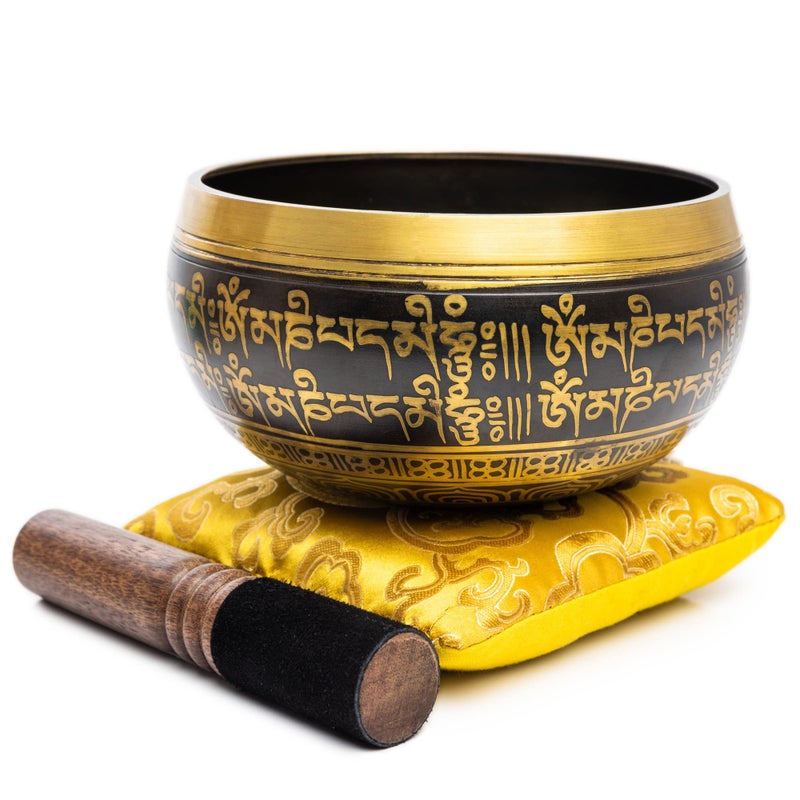 HIMALAYAN BAZAAR Tibetan Singing Bowl Set - Easy To Play Authentic Handcrafted For Meditation Sound Bowl Chakra Yoga Healing 4 Inches By Himalayan Bazaar (Black & Yellow) - Image 1