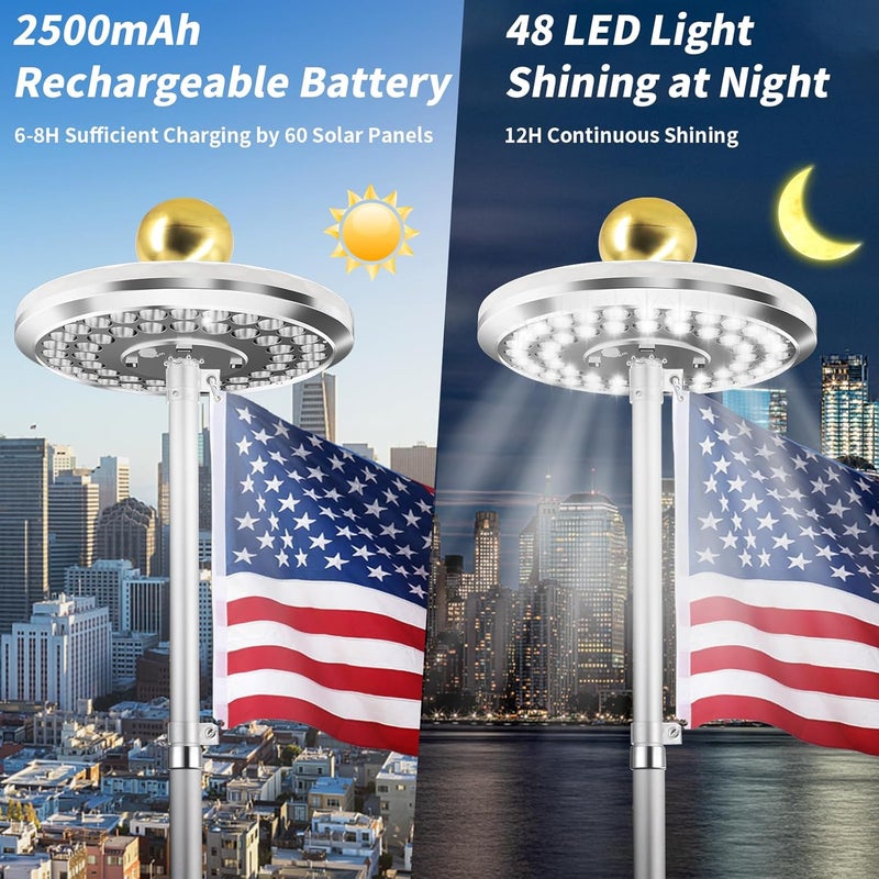 Hoople Solar Flagpole Light, 48 LED, 2 Modes, Dusk-to-Dawn Auto On/Off, IP65 Waterproof, Fits 15–25 ft, 1/2″ Topper, Super Bright - Image 4