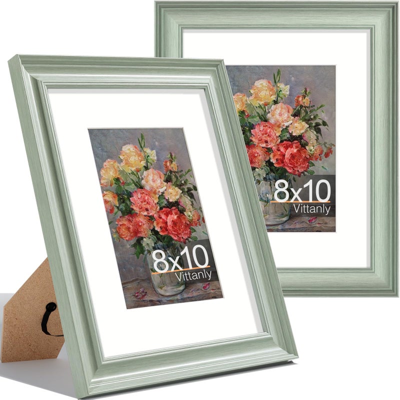 Vittanly 8x10 Picture Frames Set of 2, Ornate Vintage Photo Frame for Wall or Tabletop, Display 5x7 Pictures with Mat or 8x10 without Mat, Light Green - Image 1