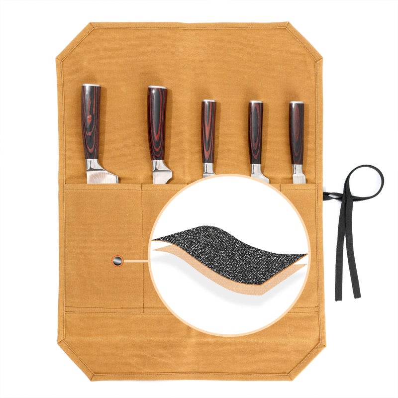 Kaaltisy Knife Roll Bags 16oz Waxed Canvas Knife Holder 5 Slots Specialized Anti Cutting Fabric MultiPurpose Knife Pouch with Tie Rope Khaki - Image 2