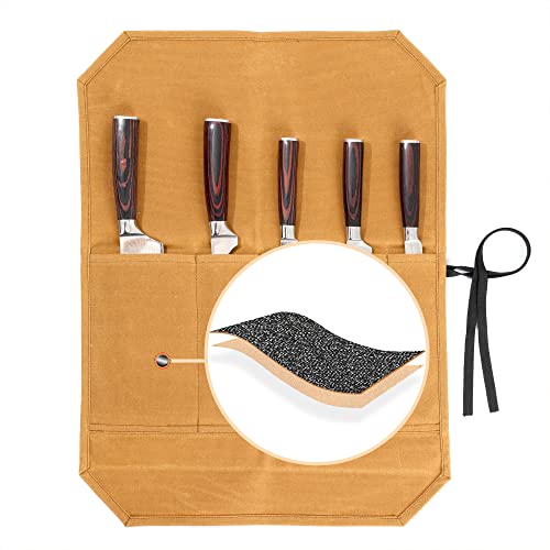 Kaaltisy Knife Roll Bags 16oz Waxed Canvas Knife Holder 5 Slots Specialized Anti Cutting Fabric MultiPurpose Knife Pouch with Tie Rope Khaki - Image 1