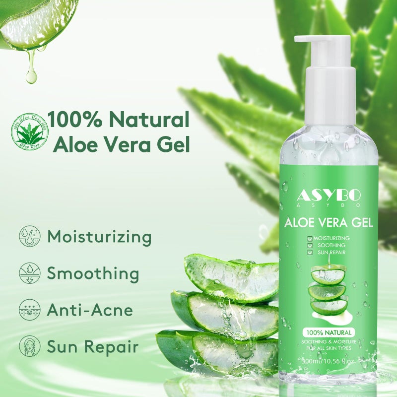 ASYBO 300 ml Aloe Vera Gel, 100% Natural Pure Aloe Vera Hydrating Facial Cream, Soothing & Moisturizing, After Sun Care, Reduce Acne, Repair Scars, Suitable for All Skin Types - Image 2