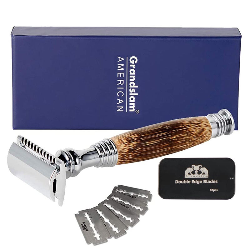 Grandslam Double Edge Safety Razor + 10 Blades Safety Razor with Handmade Long Natural Bamboo Handle Eco Friendly Safety Razors for Women/Men Ladies Shaver - Image 1