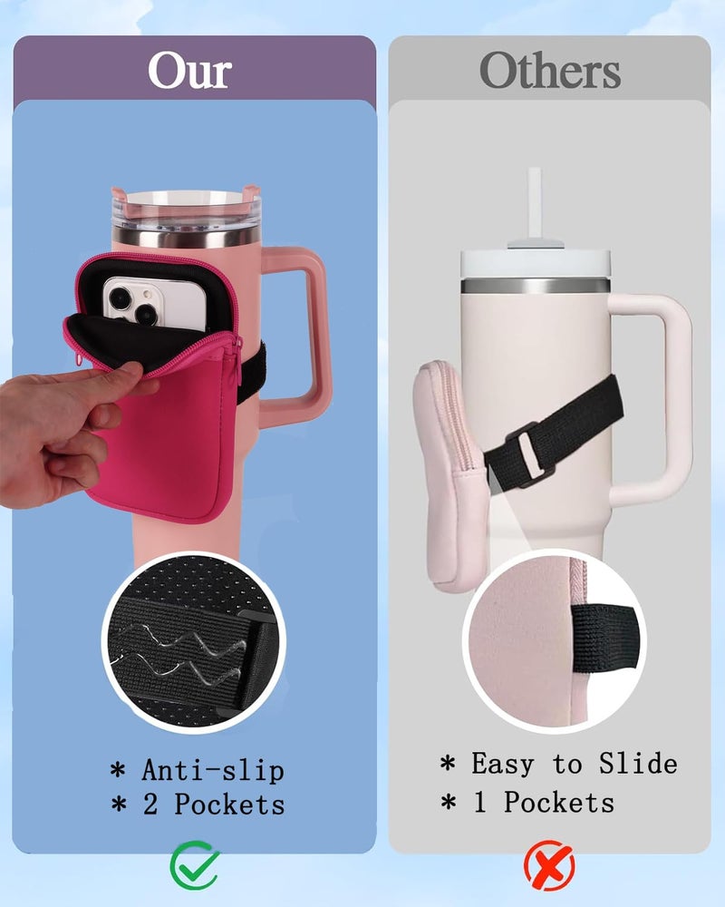 LMYUHONG Water Bottle Pouch For Stanley cup accessories 40oz 20oz 30oz,tumbler pouch with Versatile Pocket, for Cards, Keys,Earphone. Fits for Phones, Use for Running, Walking, Hiking,Biking,DeepPink - Image 4