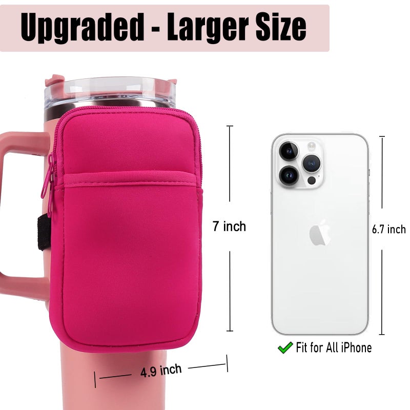 LMYUHONG Water Bottle Pouch For Stanley cup accessories 40oz 20oz 30oz,tumbler pouch with Versatile Pocket, for Cards, Keys,Earphone. Fits for Phones, Use for Running, Walking, Hiking,Biking,DeepPink - Image 3