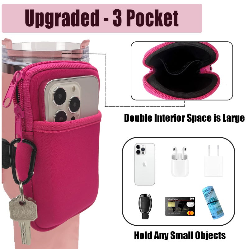 LMYUHONG Water Bottle Pouch For Stanley cup accessories 40oz 20oz 30oz,tumbler pouch with Versatile Pocket, for Cards, Keys,Earphone. Fits for Phones, Use for Running, Walking, Hiking,Biking,DeepPink - Image 2
