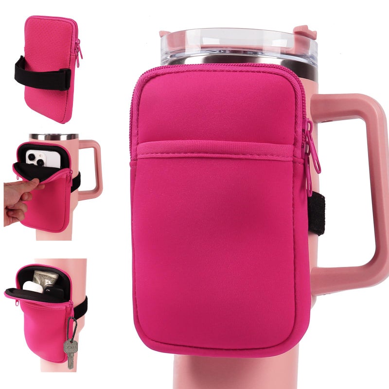 LMYUHONG Water Bottle Pouch For Stanley cup accessories 40oz 20oz 30oz,tumbler pouch with Versatile Pocket, for Cards, Keys,Earphone. Fits for Phones, Use for Running, Walking, Hiking,Biking,DeepPink - Image 1