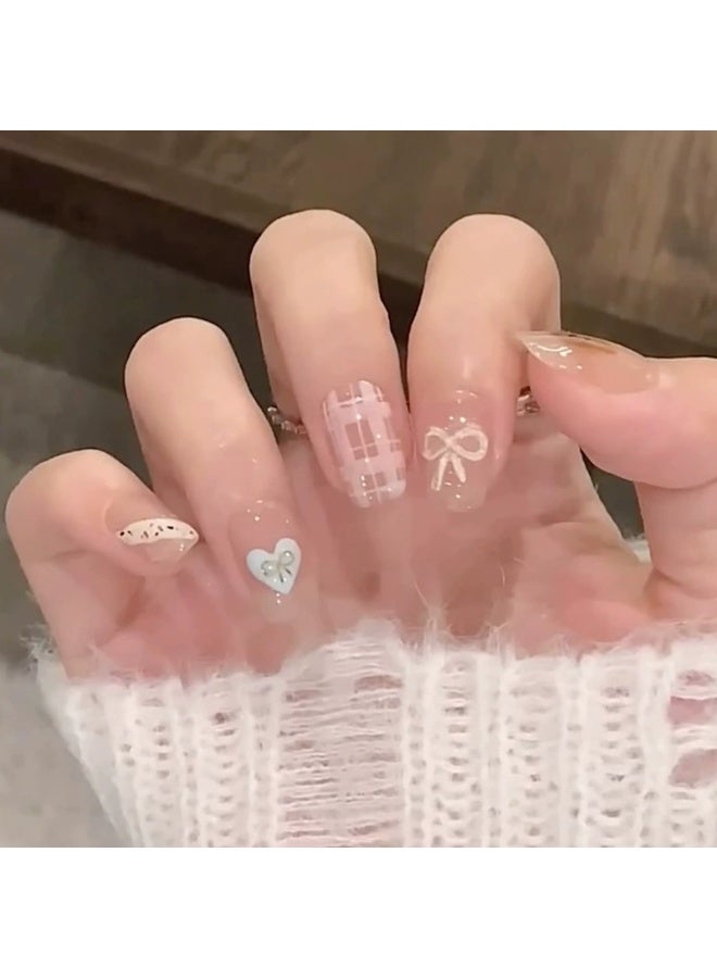 Goolsky Honey Tea Bear Plaid Bow Press - on Nails for Sweet Preppy Style - Image 1