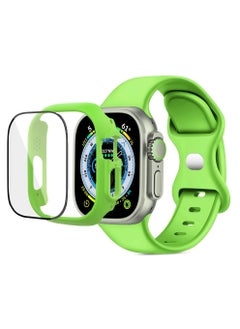 Band with Case For Apple Watch Ultra/Ultra 2 49mm,Adjustable Silicone Sport Wristband Replacement, Strap With Cover Built-in Glass Screen Protector for iWatch Ultra 49 mm (Neon Green)