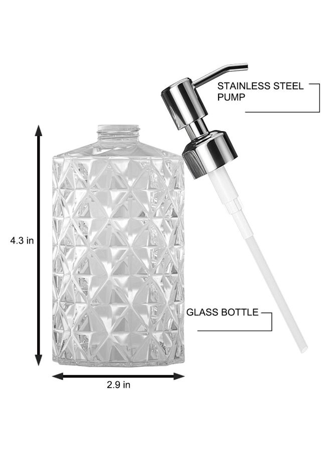 بواو موزع صابون بواو - 2 عبوة، موزعات صابون يدوية زجاجية شفافة بتصميم ماسي سعة 12 أونصة قابلة لإعادة التعبئة؛ مع مضخة من الفولاذ المقاوم للصدأ 304 مقاومة للصدأ، موزعات غسول للمطبخ والحمام - Image 2