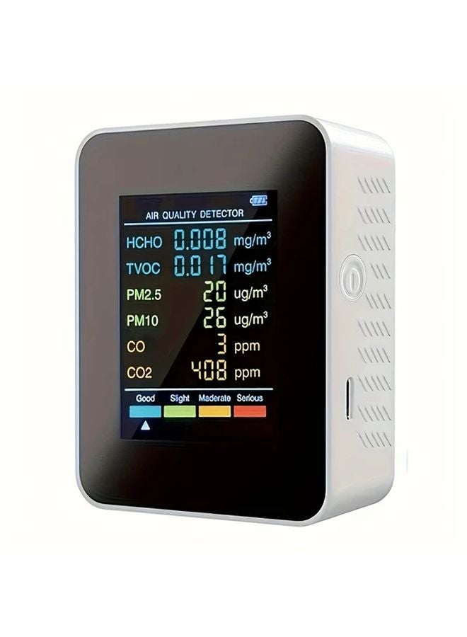 مراقب جودة الهواء الأبيض 5 في 1: كاشف PM2.5 وPM10 وHCHO وTVOC وCO2 بشحن عبر USB - Image 1