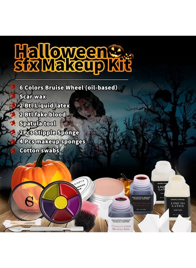 CHASPA Halloween Liquid Latex Special Effects Sfx Makeup Kit - Scar Wax + 2 Btl Liquid Latex + 2 Btl Fake Blood + Spatula Tool + 2Pcs Stipple Sponge + 4Pcs Makeup Sponges + Cotton Swabs - Image 1