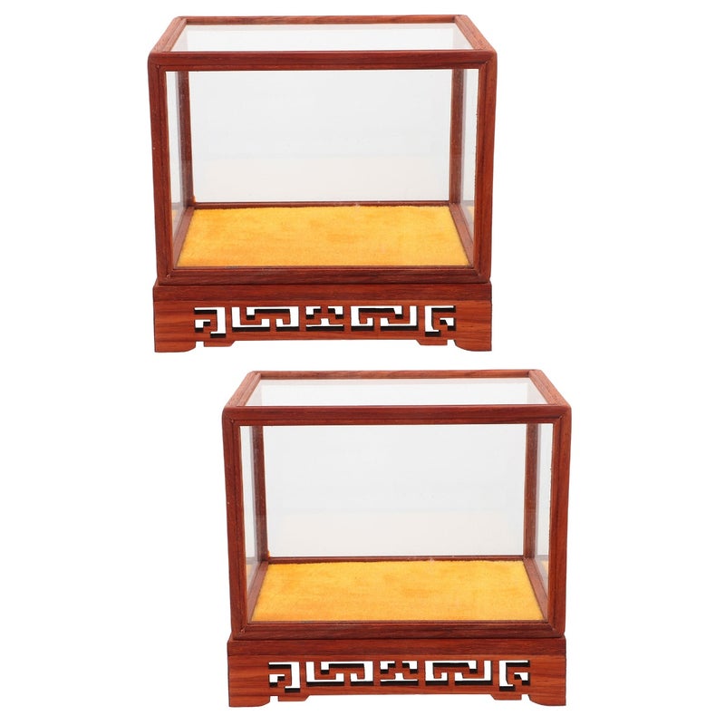 2pcs Antique Display Shelf Wood Base Display Shelf Figurines Bracket with Glass Dome - Image 1