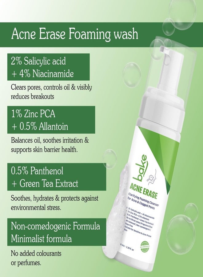 BAKE Acne Erase Foaming Face Wash with 2% Salicylic Acid & Niacinamide | Oil Control, Unclogs Pores, Clears Acne & Blemishes | Gentle Foaming Cleanser for Oily, Acne Prone & Sensitive Skin - 100ml (1, Acne Erase) - Image 2