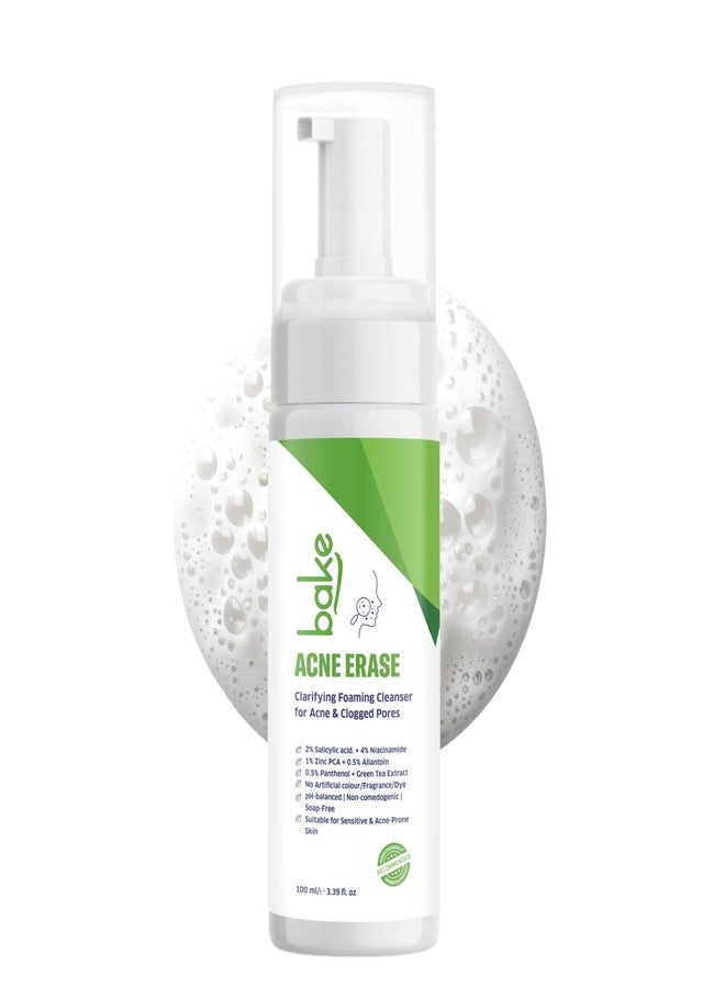 BAKE Acne Erase Foaming Face Wash with 2% Salicylic Acid & Niacinamide | Oil Control, Unclogs Pores, Clears Acne & Blemishes | Gentle Foaming Cleanser for Oily, Acne Prone & Sensitive Skin - 100ml (1, Acne Erase) - Image 1